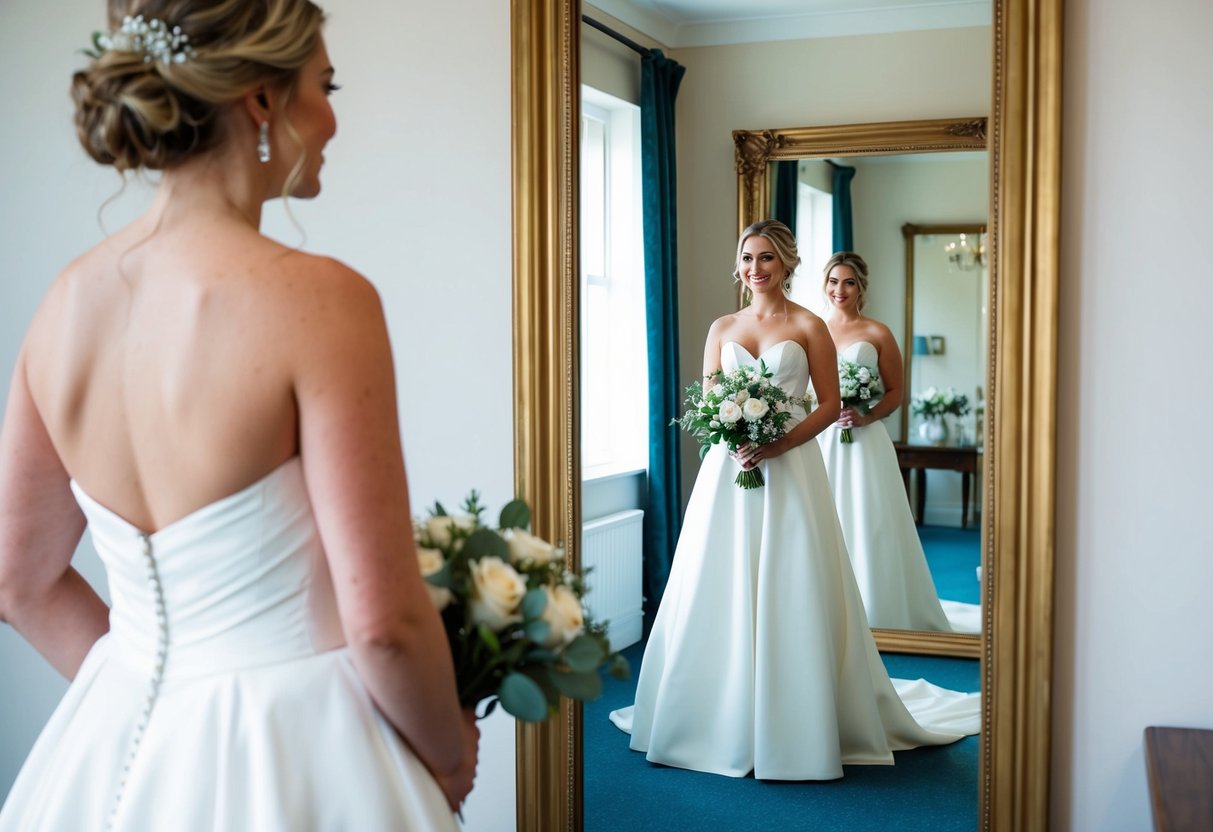A woman standing in front of a mirror, wearing a white wedding gown and holding a bouquet of flowers