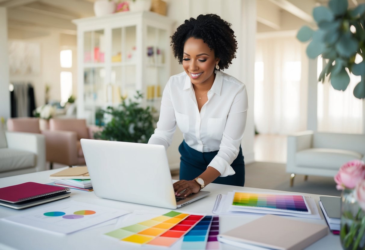 A wedding planner surrounded by design sketches and color swatches, using a laptop to research venues and vendors