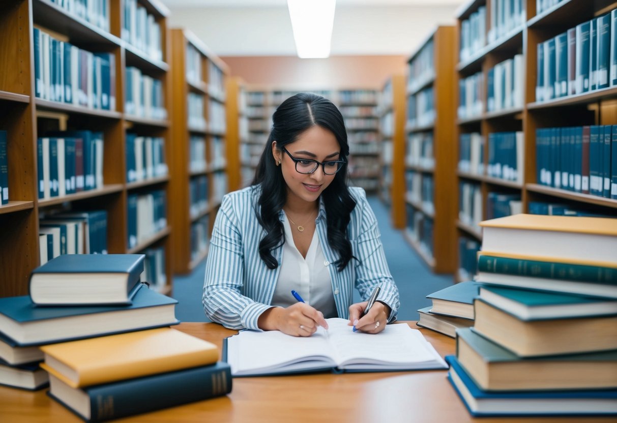 A wedding planner researching different degree options at a university library, surrounded by books and taking notes