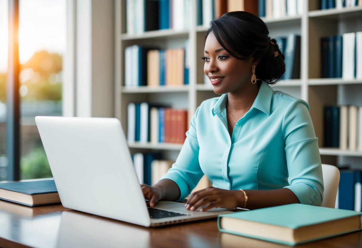 A wedding planner researching degree options at a desk with a laptop and books