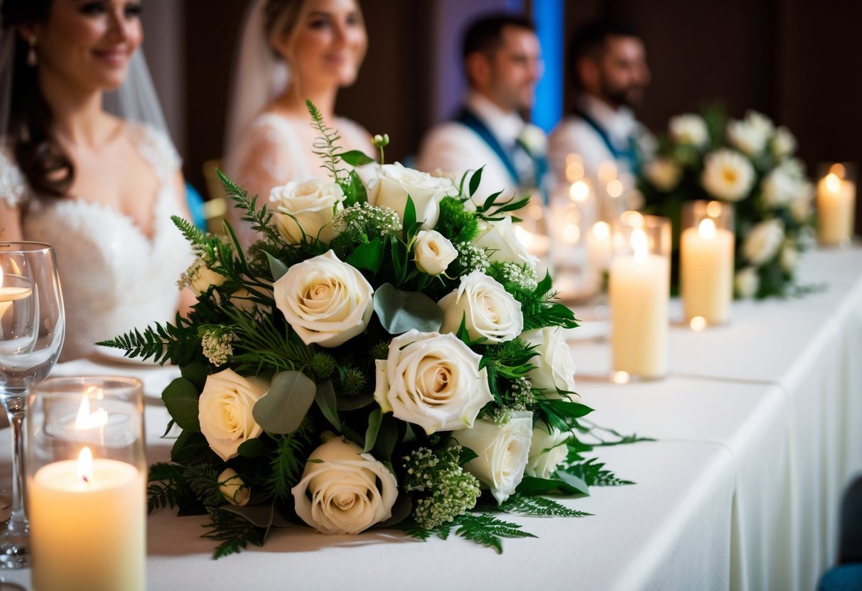 A bouquet of white roses and greenery sits next to the bride at the head table, illuminated by soft candlelight