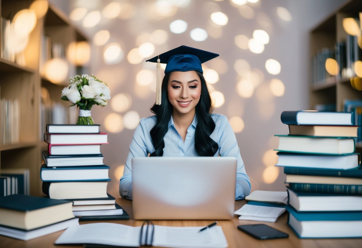 A wedding planner researching different degree options, surrounded by books, a laptop, and notes