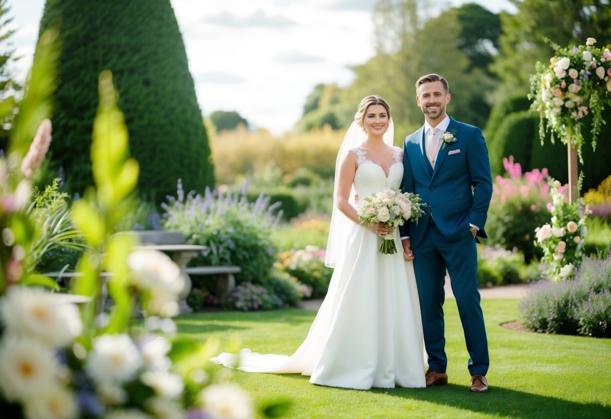 A bride and groom standing in a beautifully decorated outdoor garden, with soft natural lighting and a picturesque backdrop of flowers and greenery