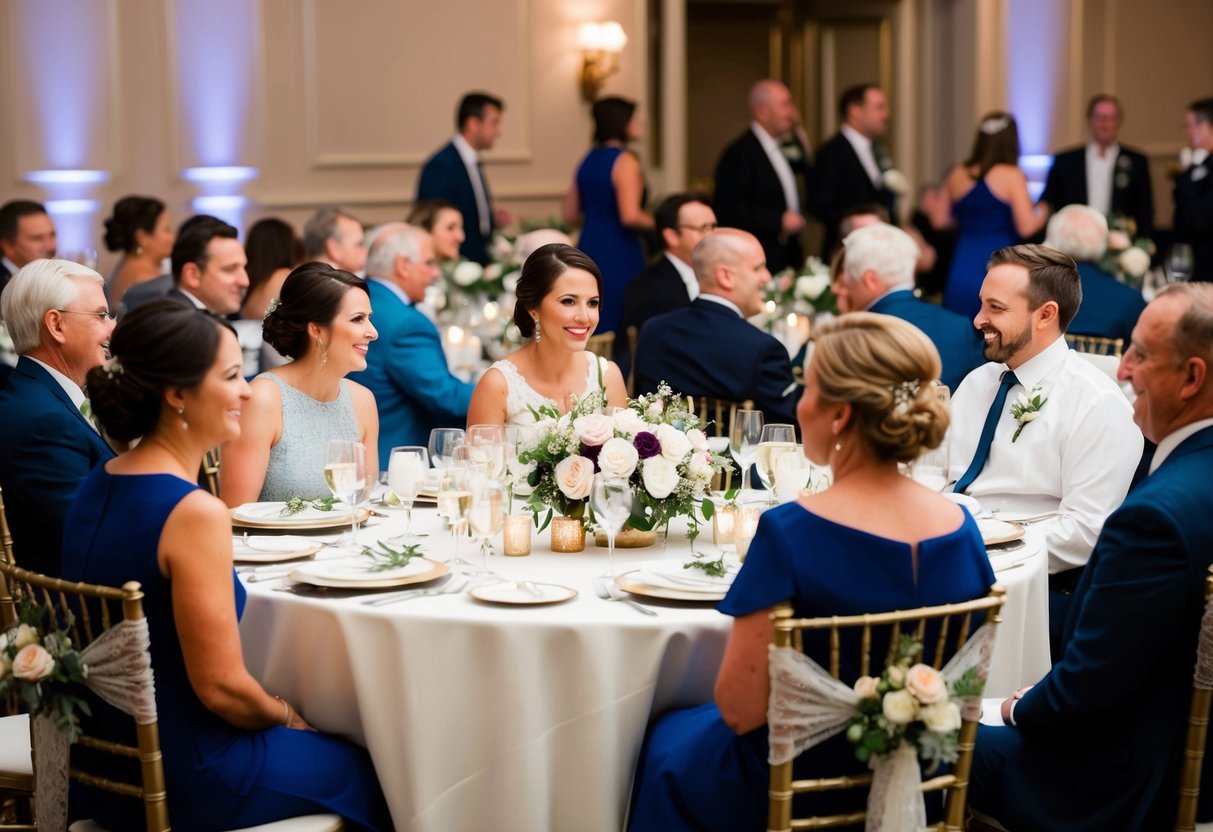 Guests mingle at the reception, seated at round tables with floral centerpieces. The head table is adorned with elegant linens and place settings, with the bride's seat marked by a decorative chair cover