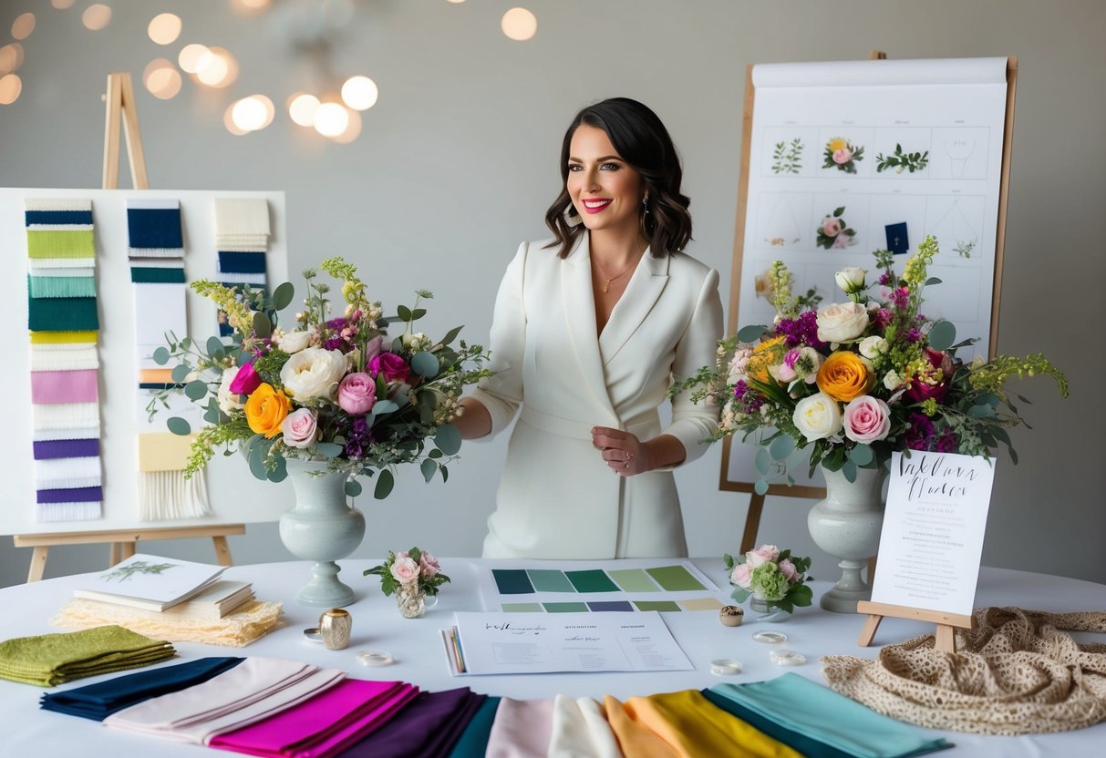 A wedding and event stylist surrounded by colorful fabric swatches, floral arrangements, and design sketches, with a mood board for inspiration