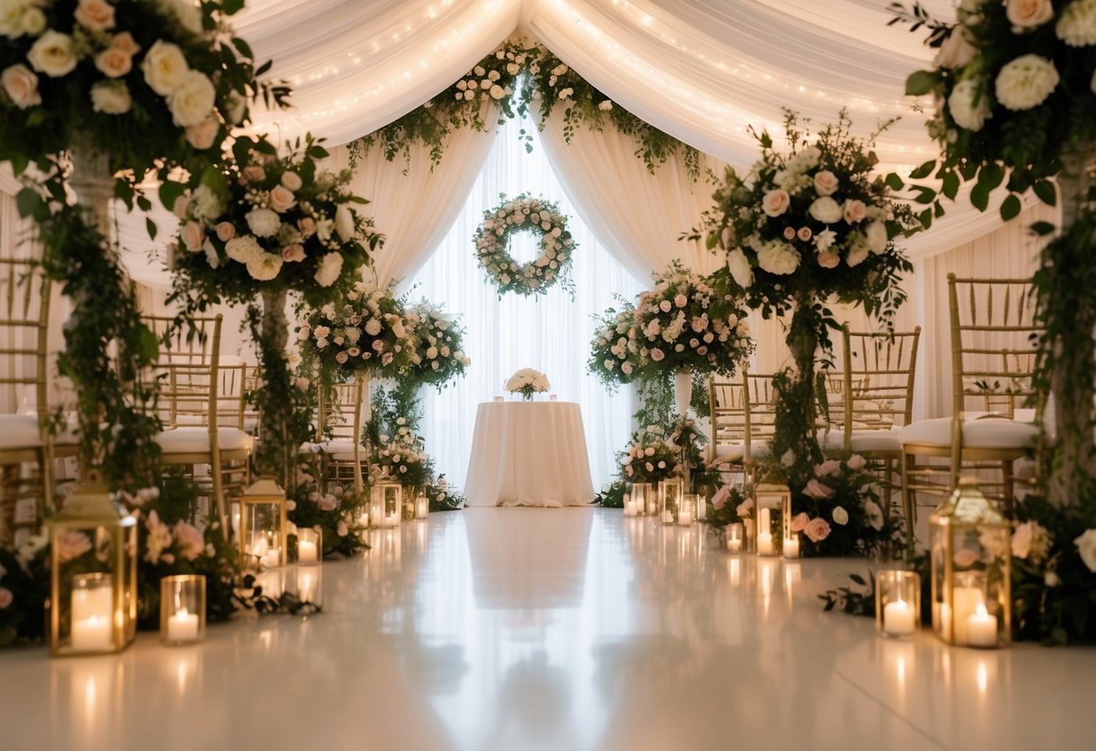 A wedding venue adorned with elegant floral arrangements, draping fabric, and twinkling lights, creating a romantic and enchanting atmosphere