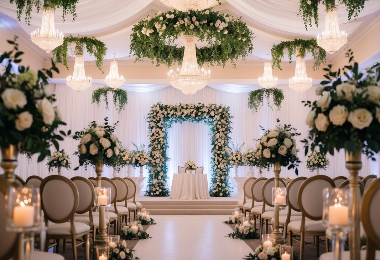 A grand wedding venue adorned with elegant floral arrangements, twinkling fairy lights, and luxurious drapery