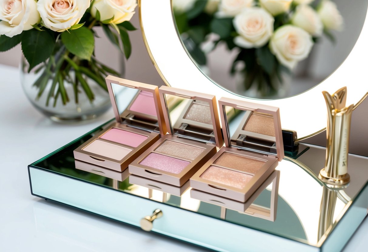 Soft pink and champagne eyeshadow palettes displayed on a mirrored vanity with a bouquet of white roses in the background
