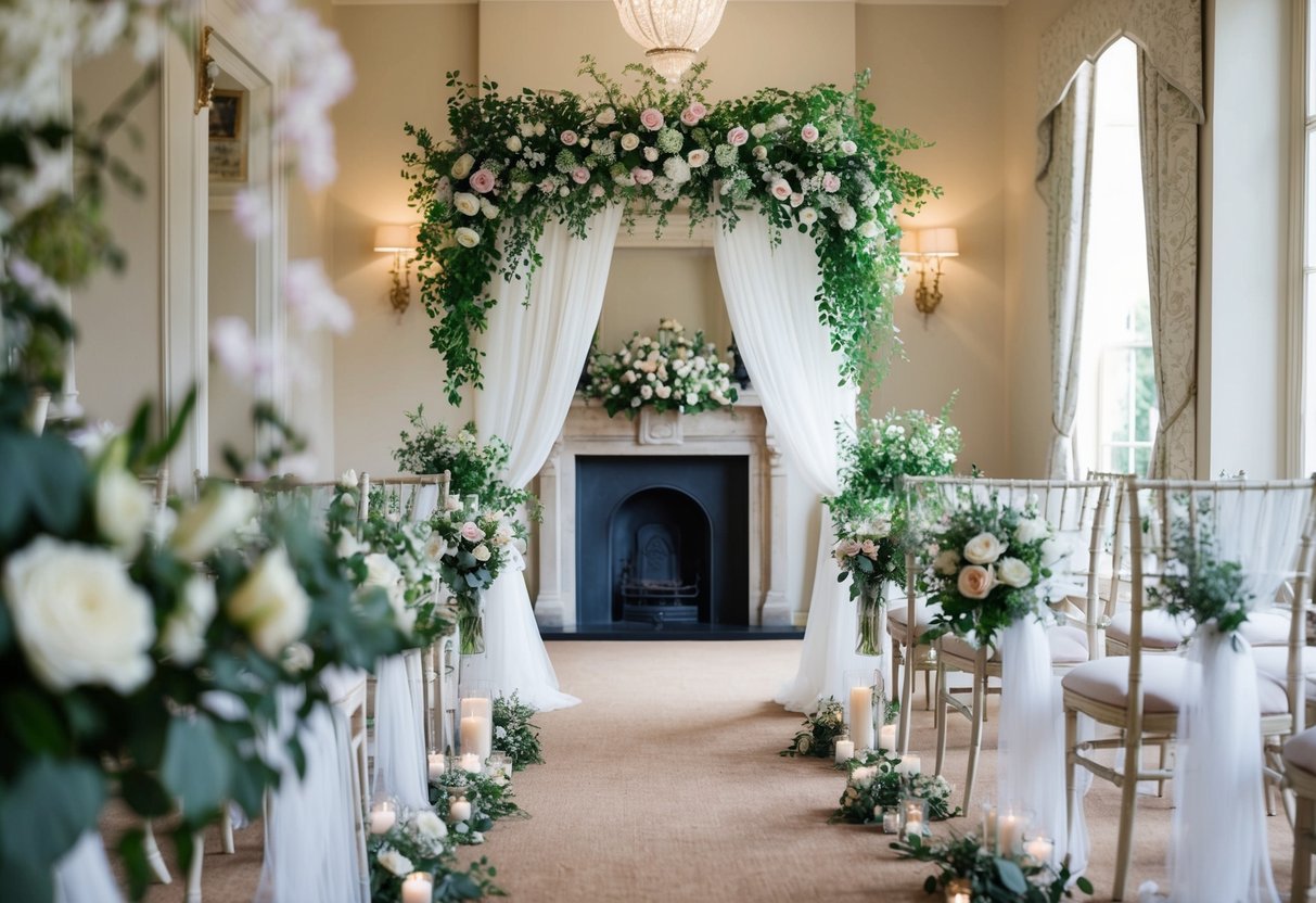 A traditional English manor with elegant floral arrangements and delicate drapery, showcasing the work of wedding decorators in the UK