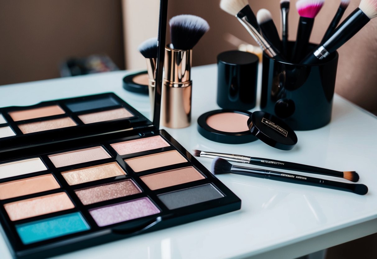 A makeup palette with various shades of eyeshadow, next to a mirror and makeup brushes on a vanity table