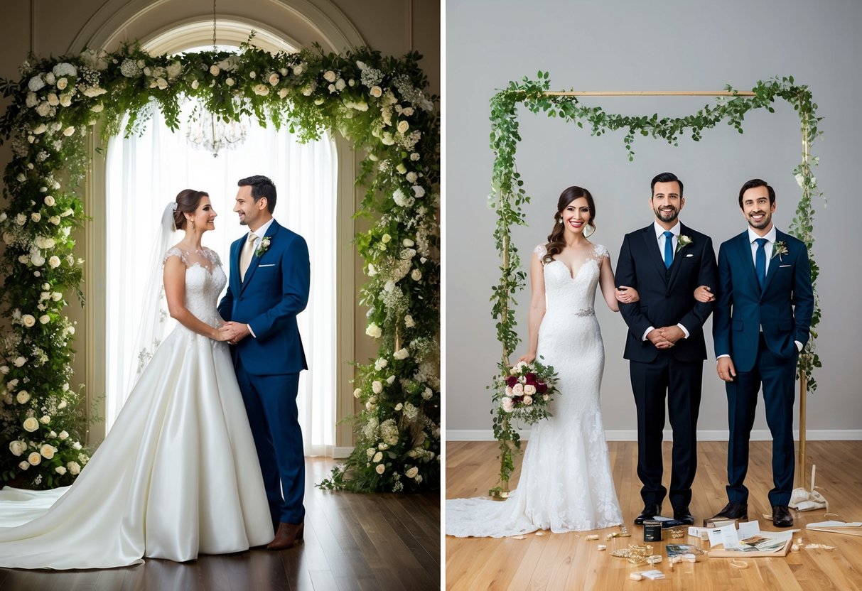 A bride and groom stand in front of two contrasting scenes: one with professional wedding decorators creating an elegant setting, and the other with the couple attempting DIY decor with mixed results