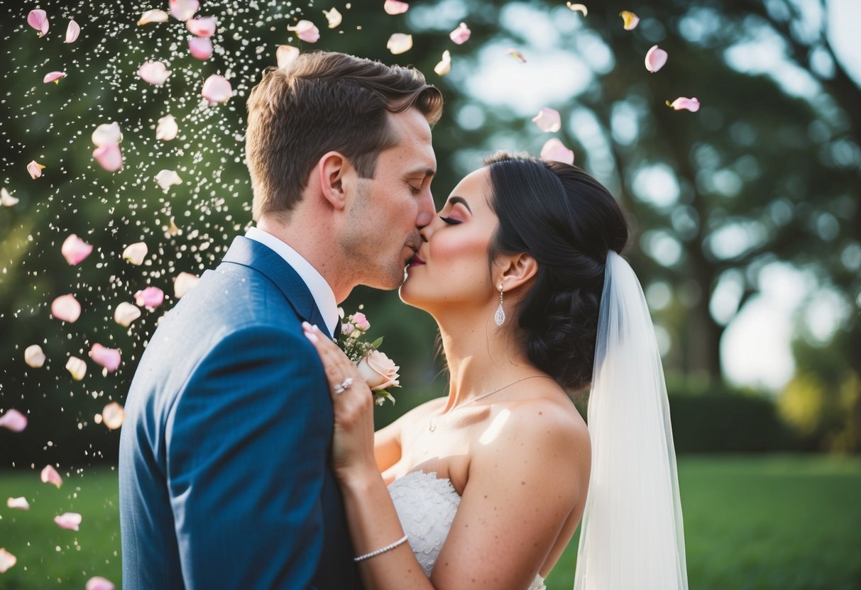 A bride and groom embrace in a romantic kiss under a shower of rose petals
