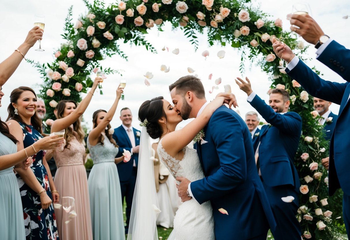 The bride and groom embrace under a floral arch as guests cheer and toss rose petals