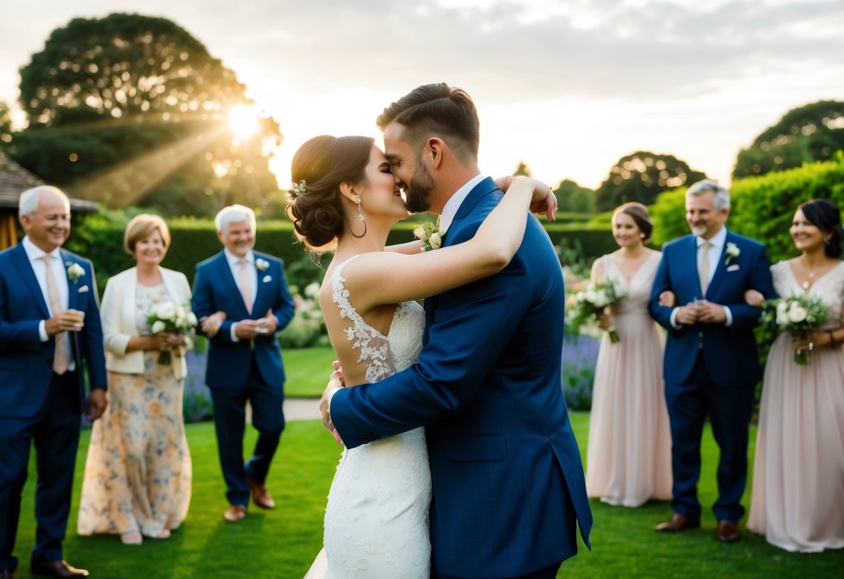 The bride and groom embrace in a beautiful garden, surrounded by family and friends, as the sun sets on their perfect wedding day