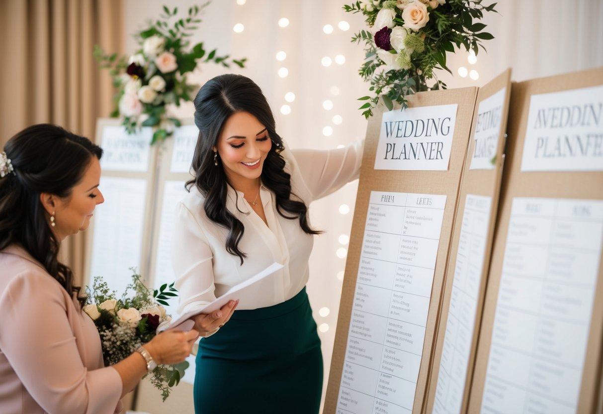 A wedding planner organizing seating charts and decor
