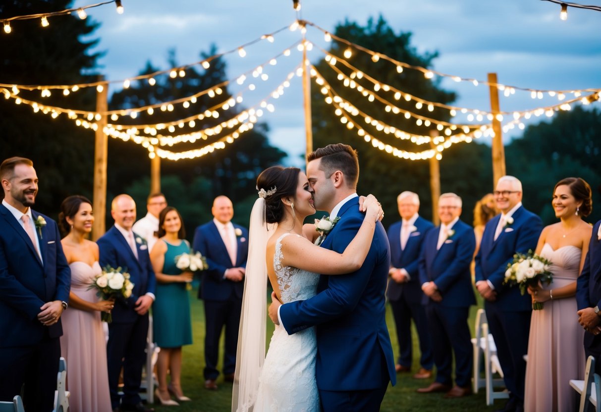 The bride and groom embrace under a canopy of twinkling lights, surrounded by their friends and family, as the sun sets on their beautiful outdoor wedding