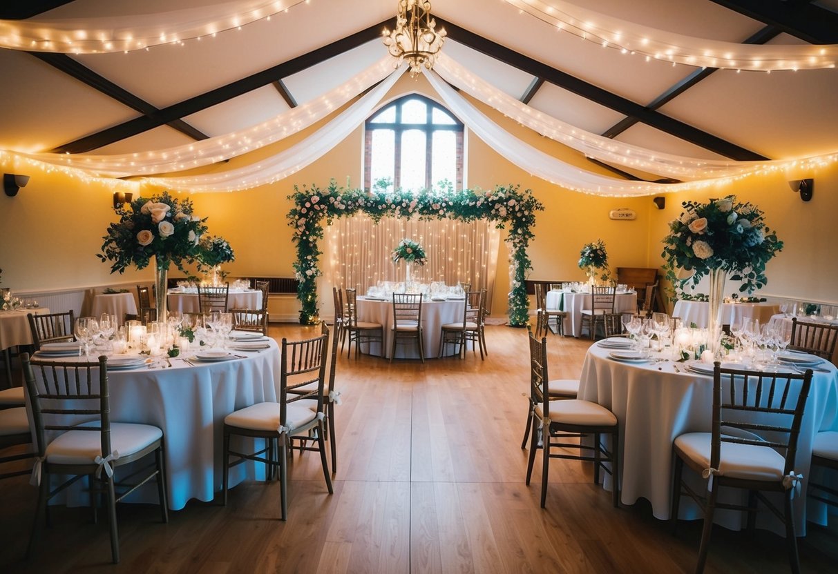 A village hall decorated with flowers, draped fabric, and twinkling lights, with elegant table settings and a dance floor