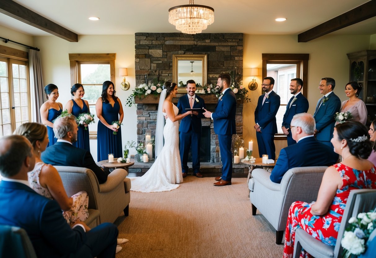A cozy living room with a small wedding altar, surrounded by family and friends, as a couple exchanges vows