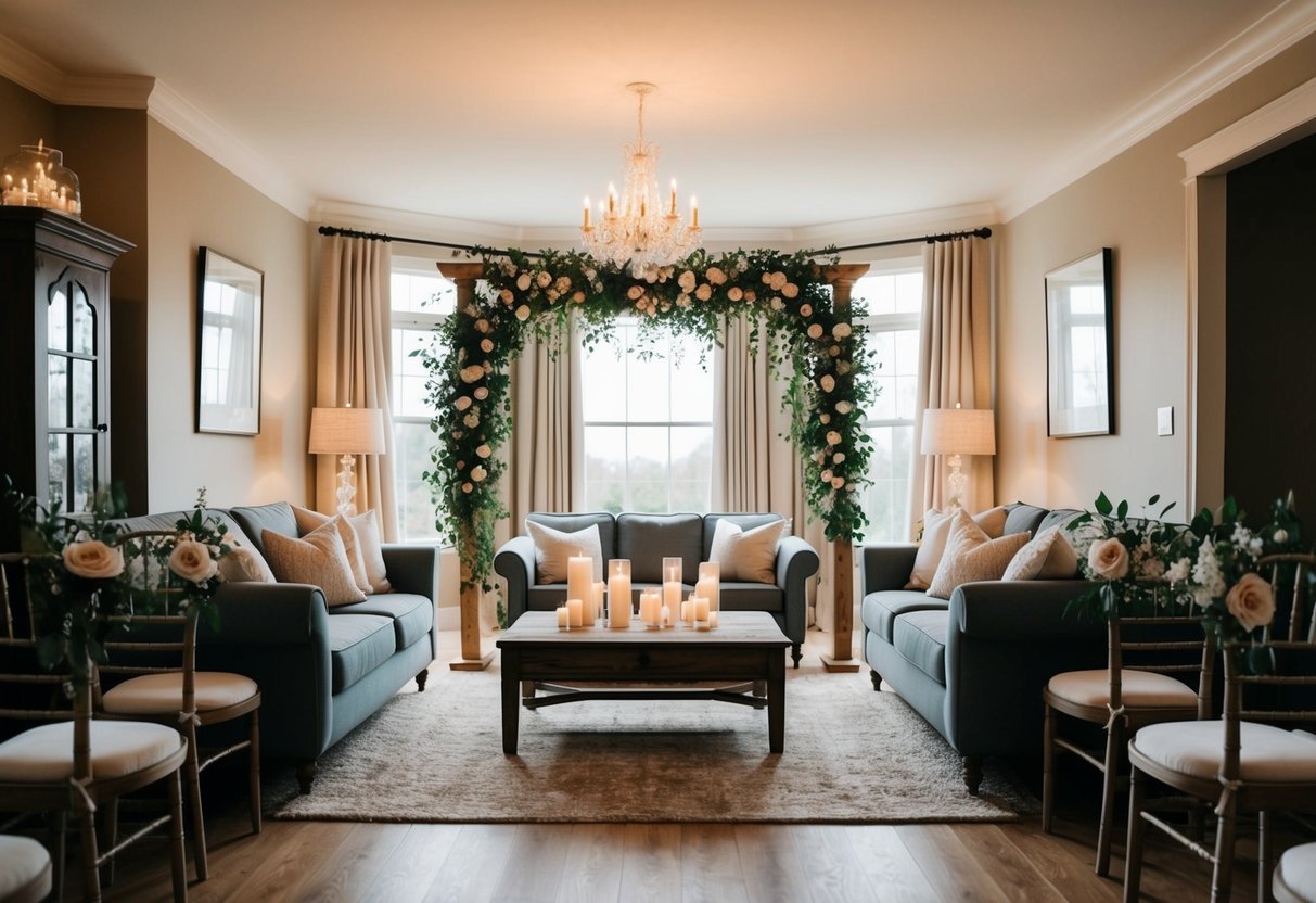 A cozy living room with a beautiful wedding arch, flowers, and candles set up for an intimate at-home wedding ceremony
