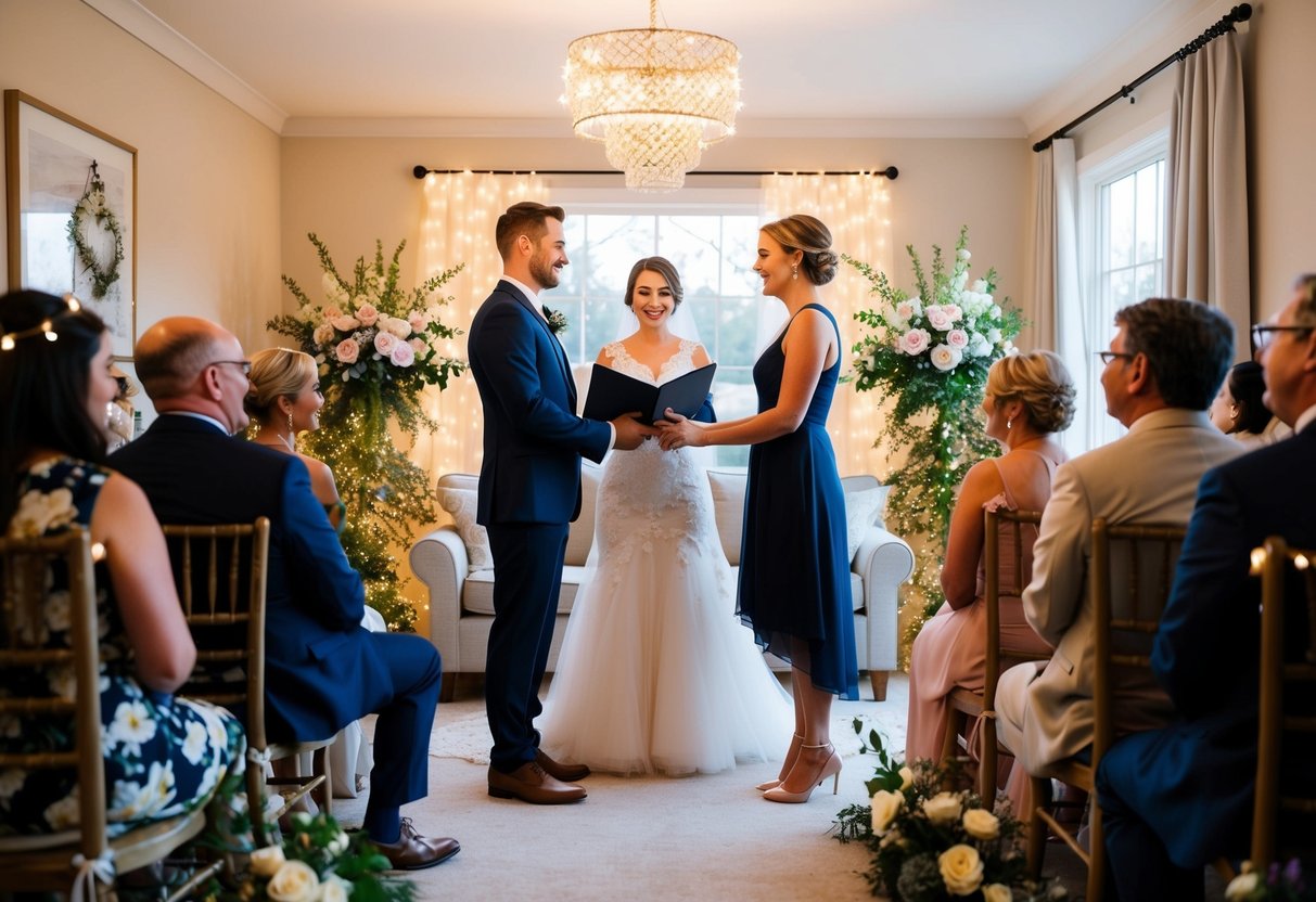 A couple stands in their cozy living room, surrounded by twinkling fairy lights and blooming flowers, as they exchange vows in an intimate at-home wedding ceremony