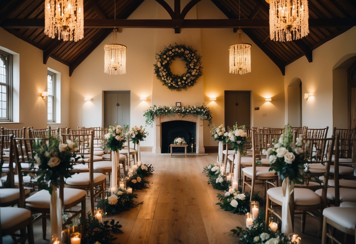 A village hall adorned with elegant floral arrangements and soft, warm lighting, creating a romantic and inviting atmosphere for a wedding celebration