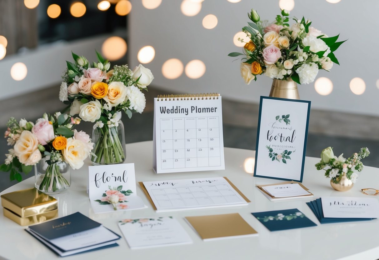 A bustling wedding planner's desk with calendar, floral samples, fabric swatches, and invitation mock-ups