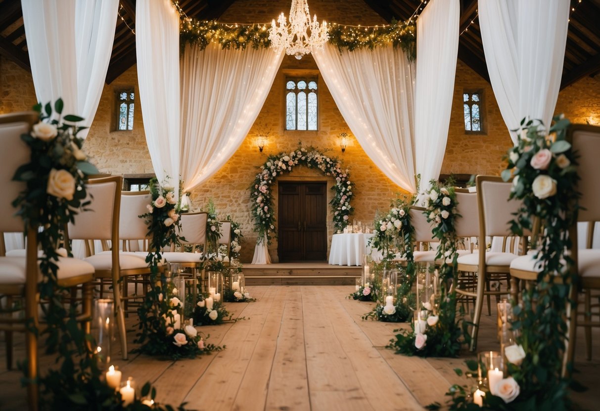 The village hall is adorned with elegant drapes, twinkling fairy lights, and blooming floral arrangements, creating a romantic and enchanting atmosphere for the wedding celebration
