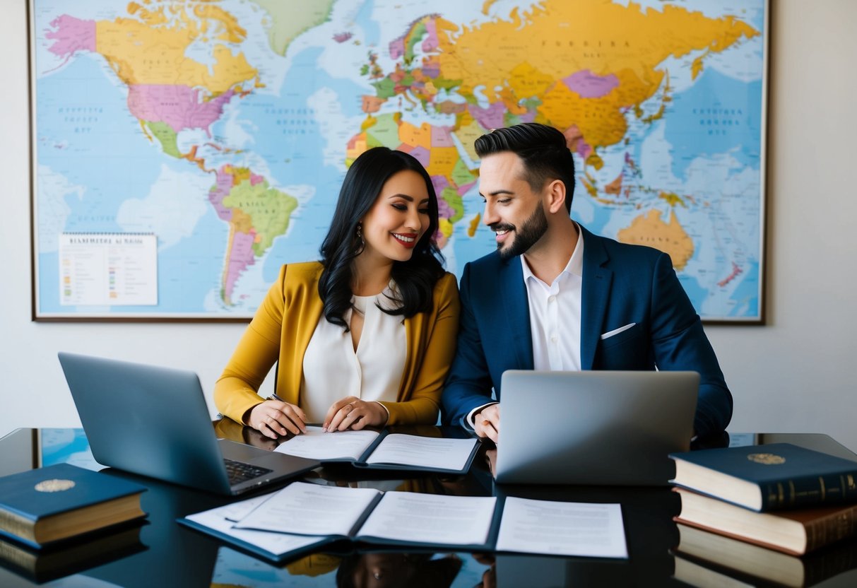 A couple sitting at a table with laptops, passports, and legal documents, surrounded by world maps and international marriage law books