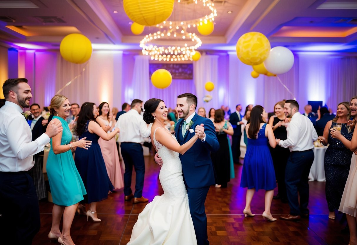A lively wedding reception with colorful decorations, a dance floor, and joyful guests mingling and celebrating