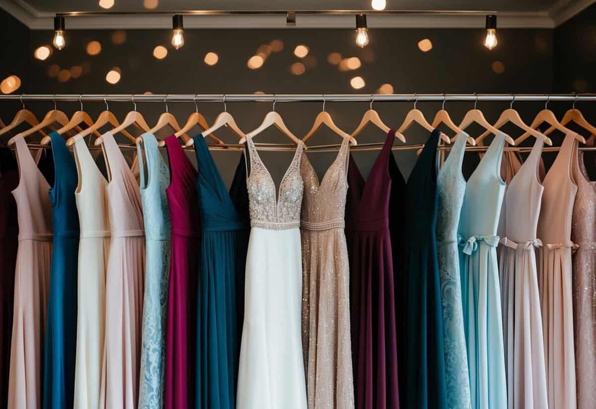 A rack of coordinated mother of the bride dresses in various styles and colors