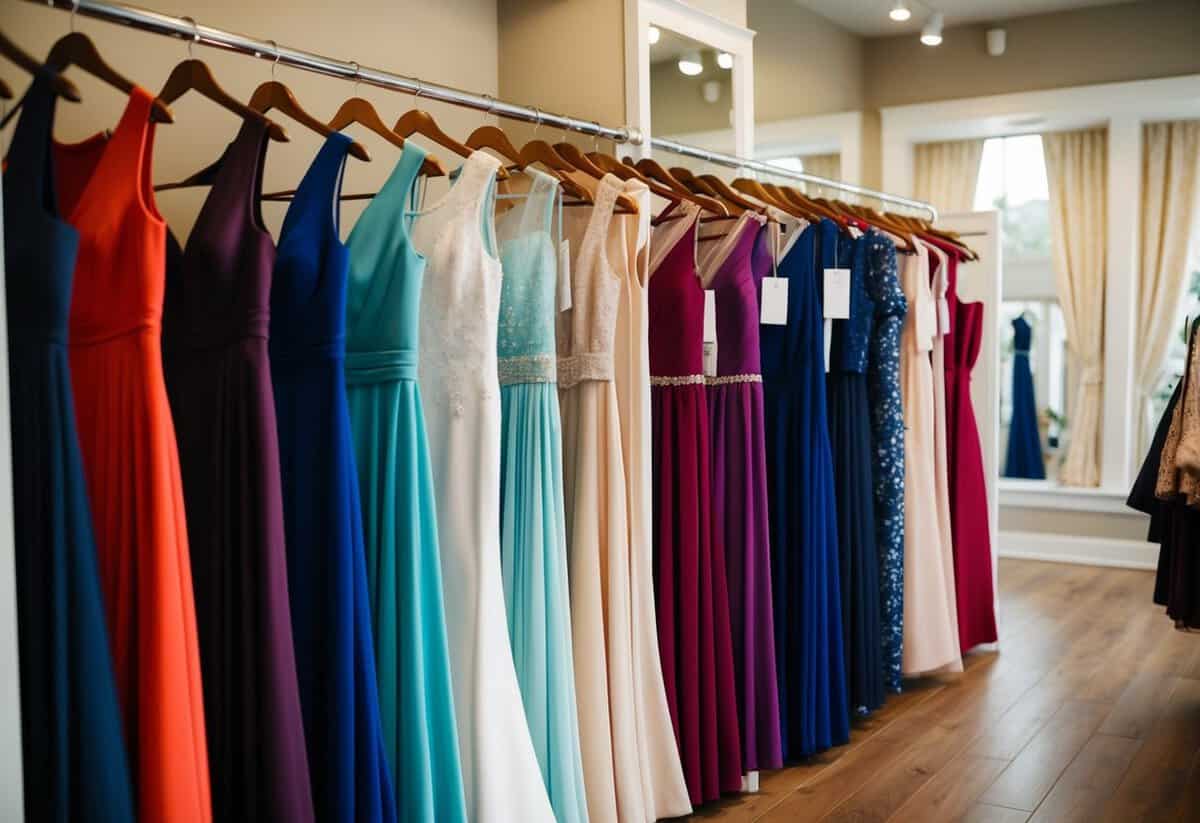A rack of elegant mother of the bride dresses in various colors and styles, neatly organized in a boutique setting