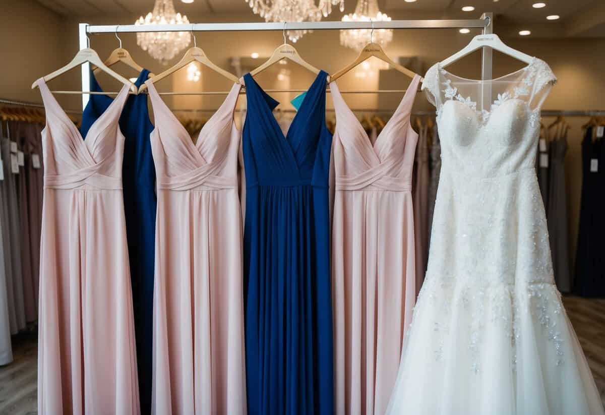 A mother of the bride dress hangs beside matching bridesmaid dresses in a bridal boutique