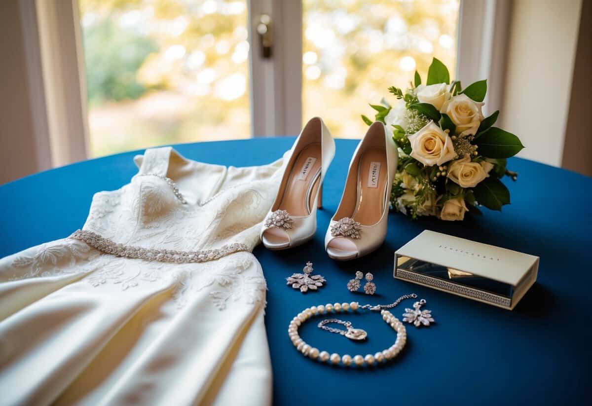 A mother of the bride dress, shoes, and jewelry laid out on a table for coordination