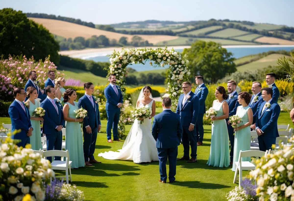 A sunny outdoor wedding with guests in formal attire, a flower-filled garden, and a picturesque backdrop of rolling hills or a serene beach