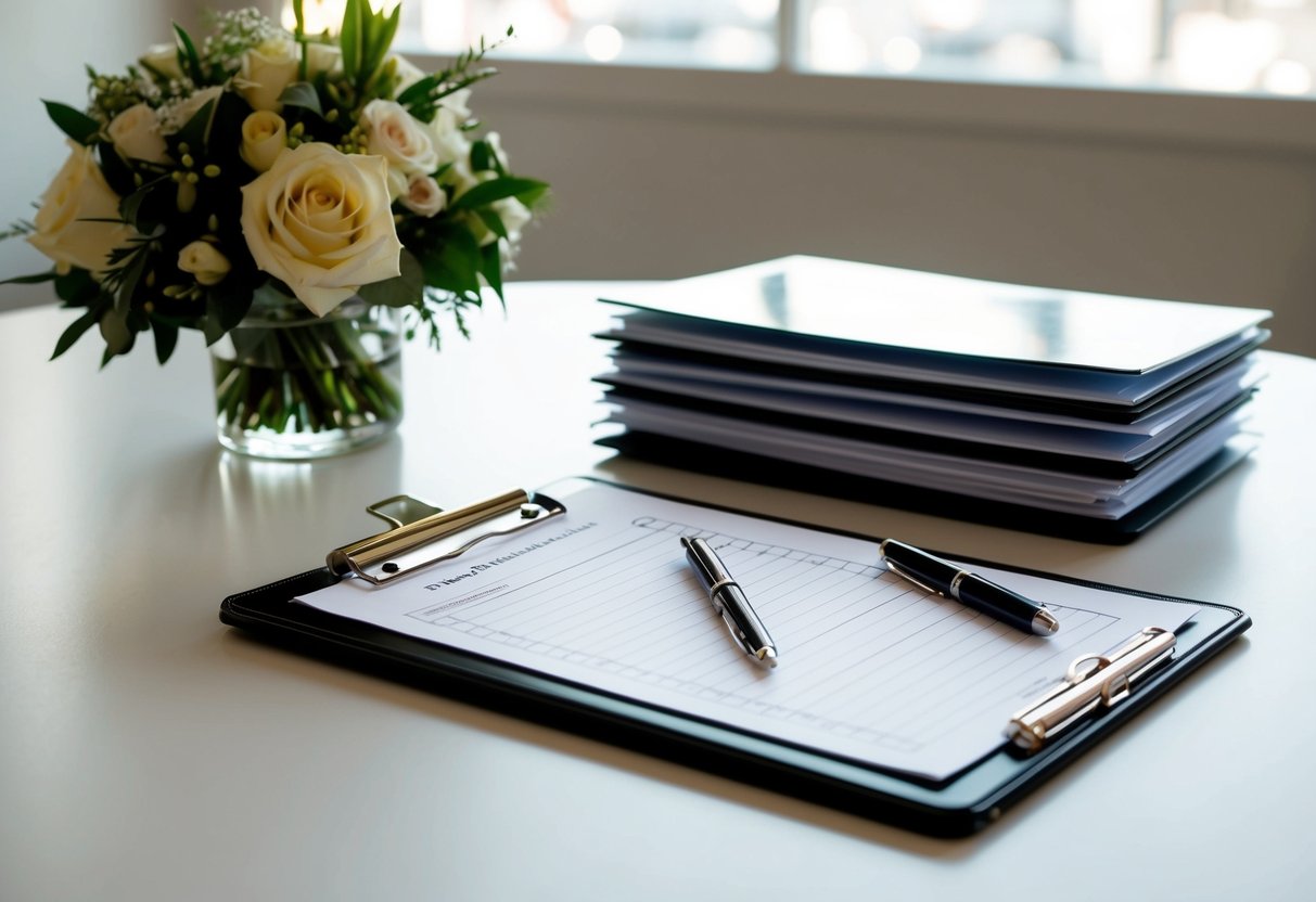 A wedding planner's clipboard and pen lie on a table, alongside a stack of neatly organized files and a bouquet of flowers
