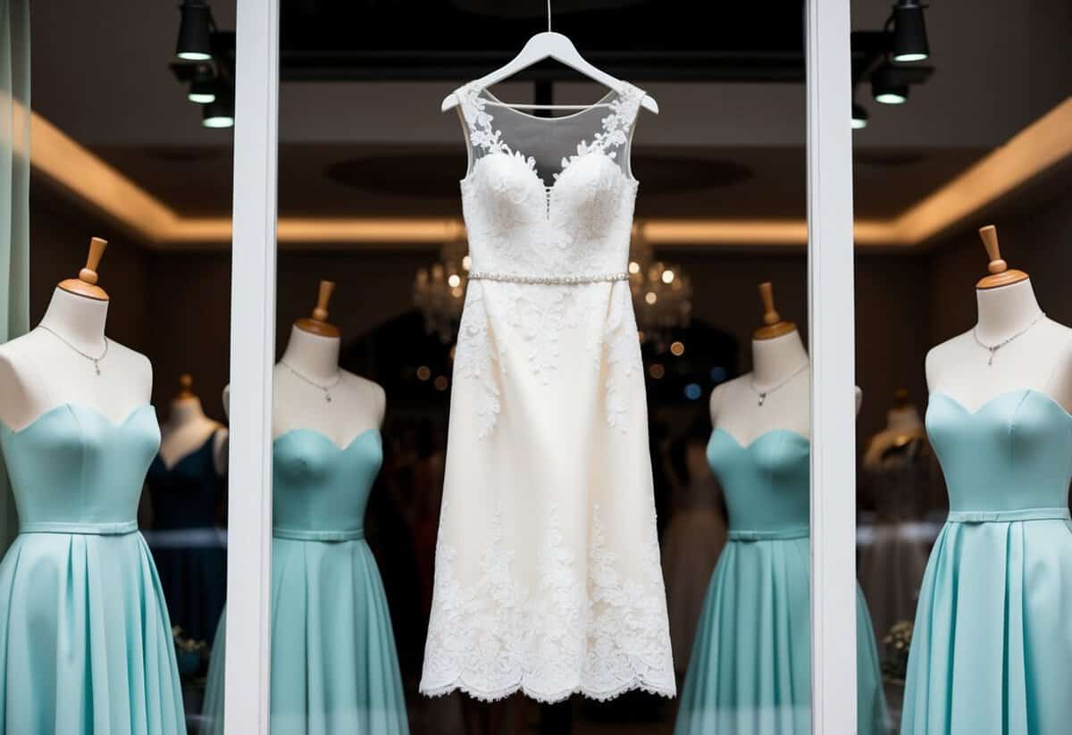 A knee-length dress hangs in a boutique window, surrounded by elegant mannequins in formal attire. The dress features delicate lace and a flattering silhouette, perfect for a wedding