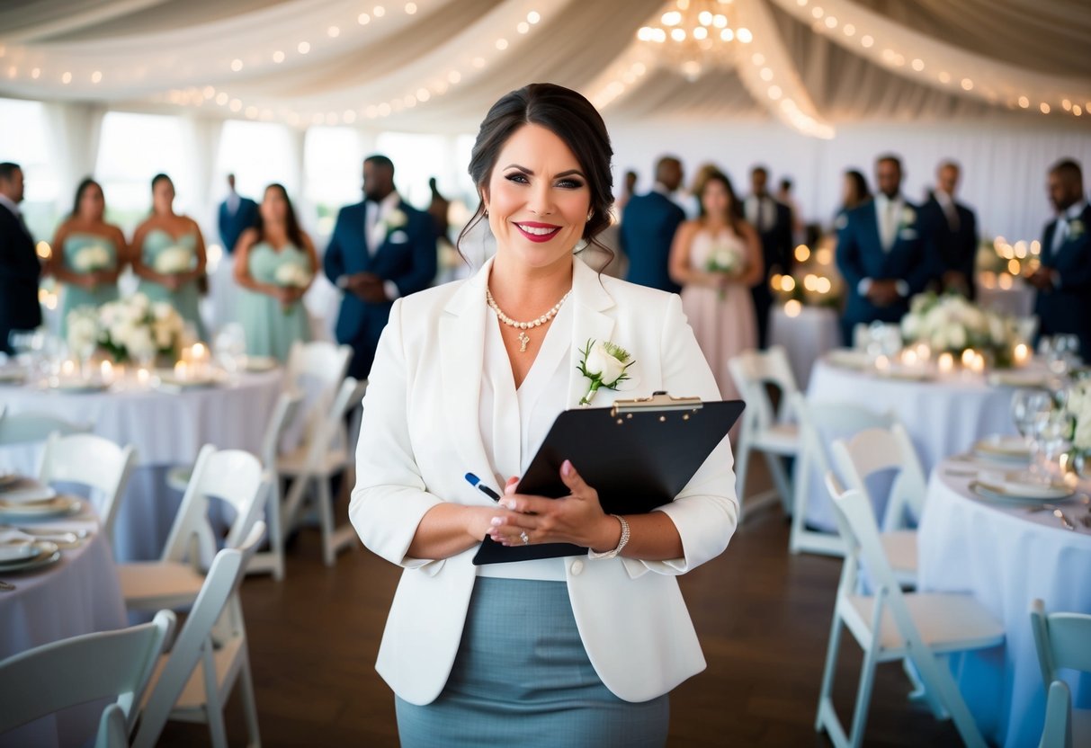 A wedding planner stands confidently with a clipboard, surrounded by a bustling wedding venue. Tables are adorned with elegant decorations, and a team of vendors works harmoniously to bring the vision to life