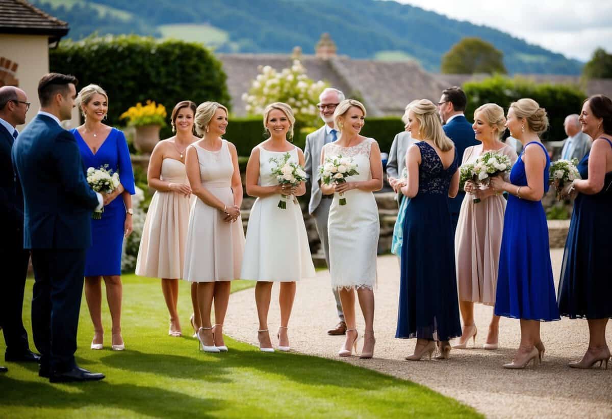 A group of elegantly dressed wedding guests, standing and chatting at a picturesque outdoor venue. Some guests wear knee-length dresses, while others wear longer gowns