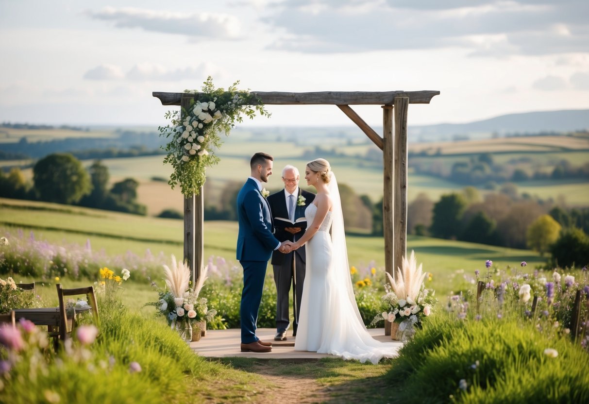 A couple standing at an altar in a rustic countryside setting, surrounded by blooming wildflowers and a picturesque landscape
