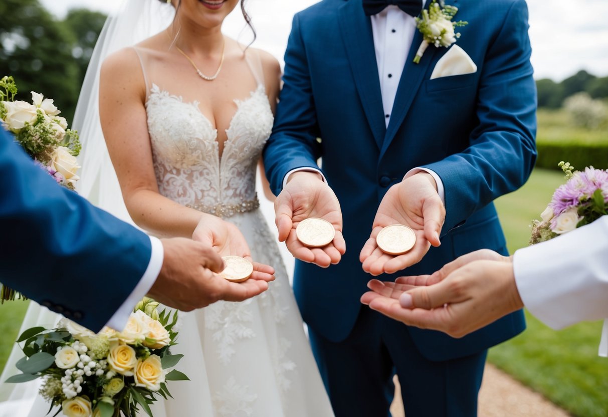 A bride and groom placing coins into the hands of various wedding vendors, including a photographer, florist, and caterer
