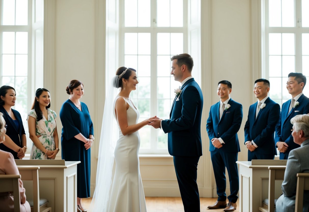 A couple stands before a registrar in a simple, elegant room with large windows, exchanging vows as witnesses look on