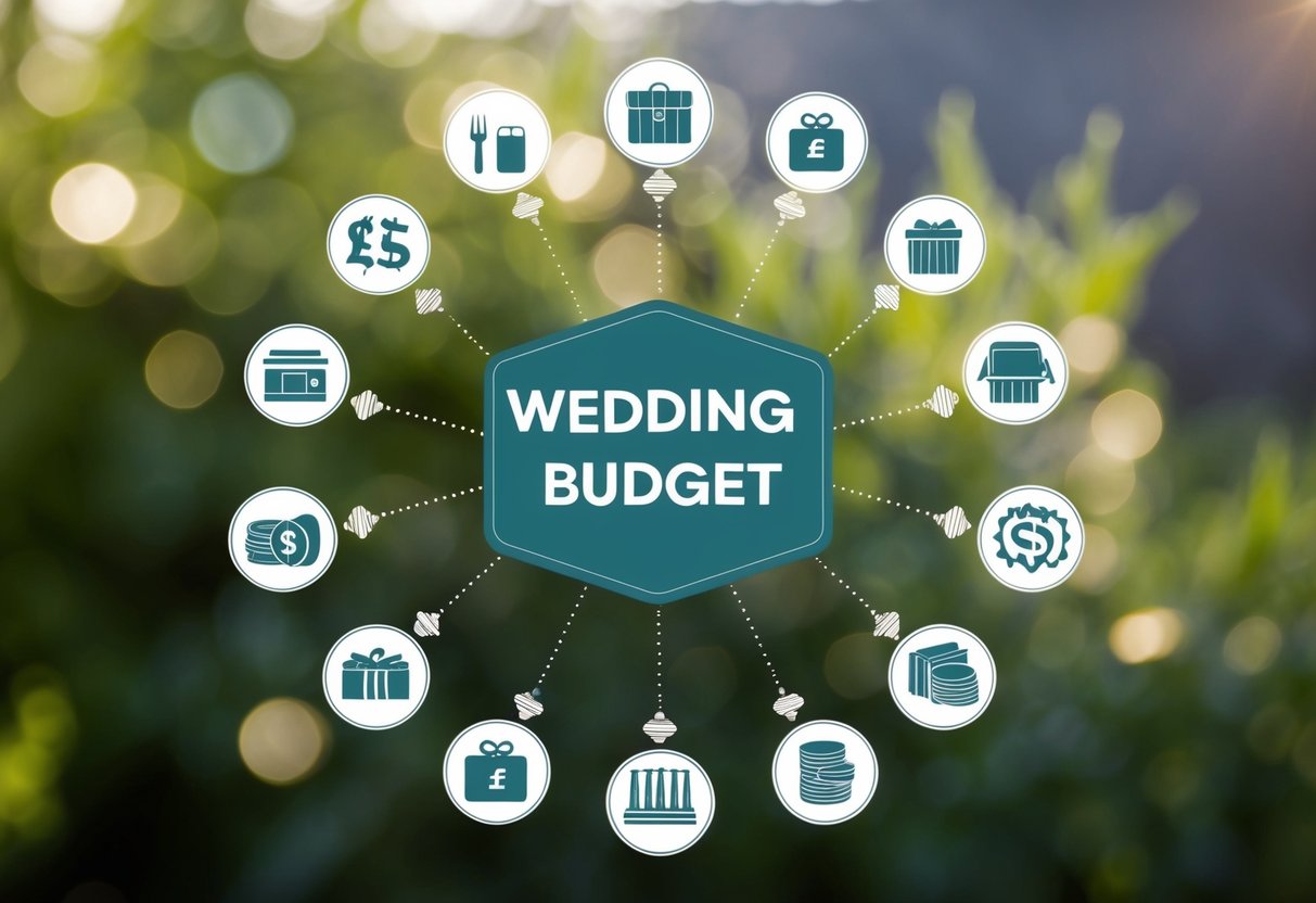 A wedding budget with various vendor icons and money symbols, indicating allocation of tips in the UK