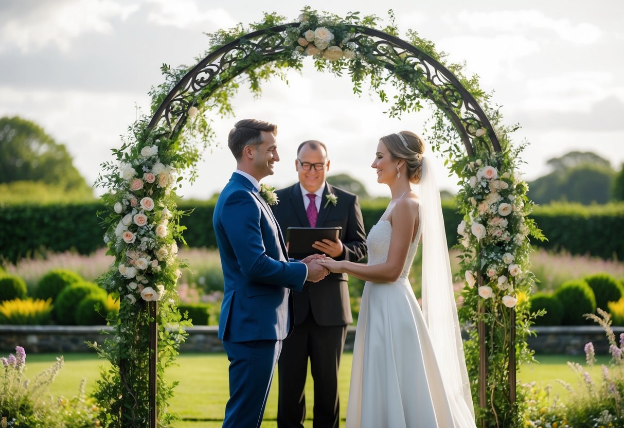 A couple stands before a celebrant in a serene garden, exchanging vows under an ornate archway adorned with flowers