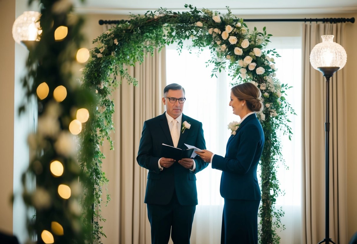 A person standing at the front of a room with a wedding arch and decorations, officiating a wedding ceremony
