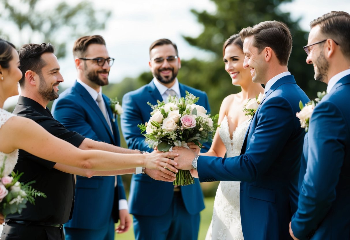 A bride and groom handing over a bouquet of flowers to a group of wedding vendors, with smiles and gratitude on their faces