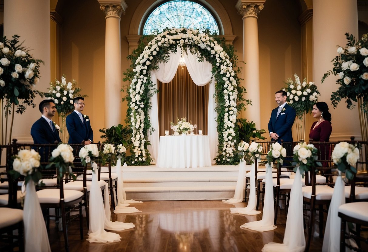 A regal wedding scene with a grand arch, floral decorations, and a ceremonial table set for official ordainment