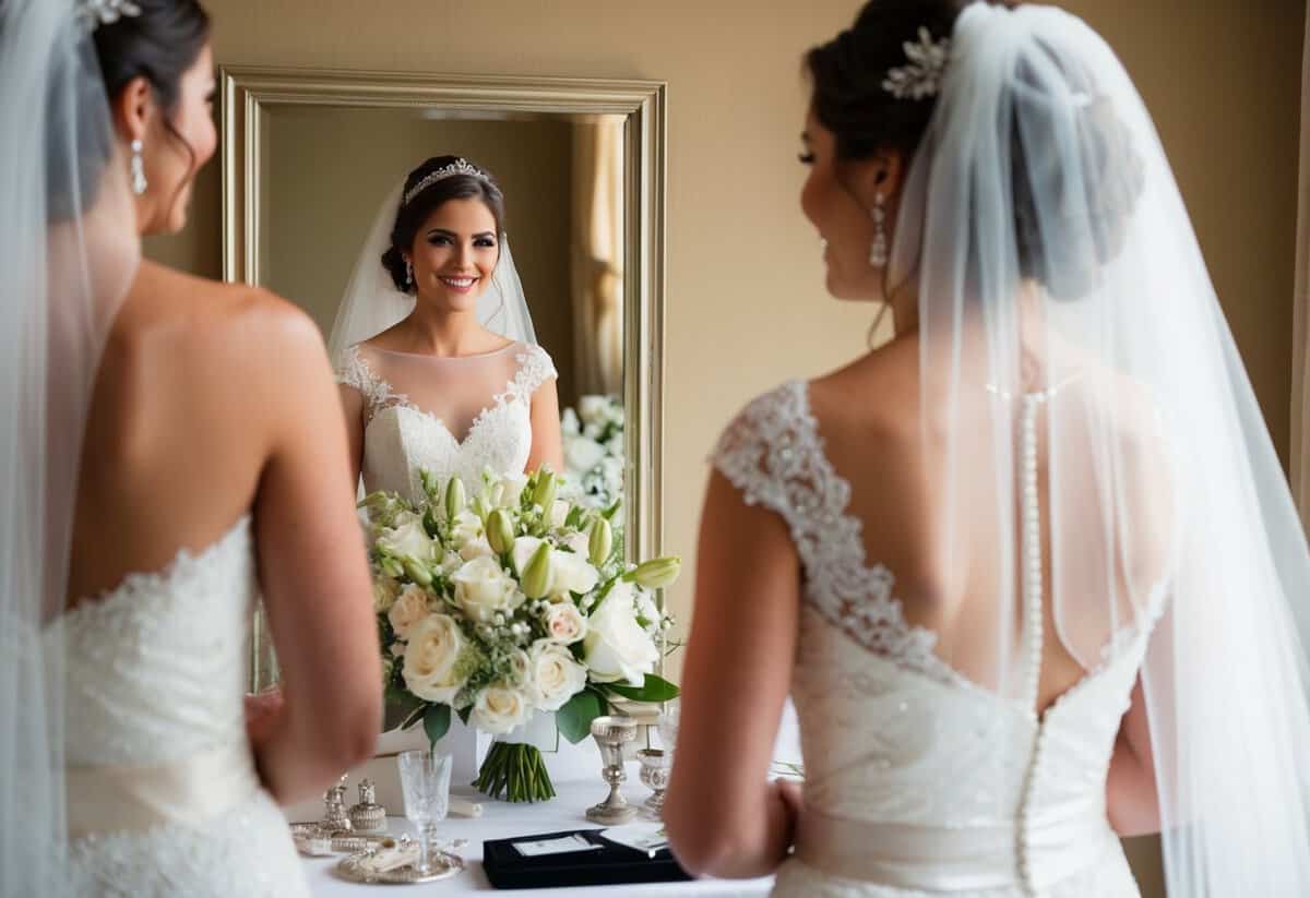 A bride surrounded by elegant wedding attire and accessories, with a mirror reflecting her radiant smile