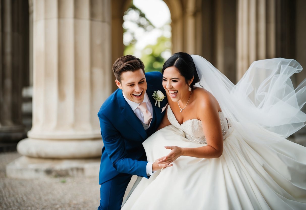 The groom playfully reaches under the bride's dress, as she laughs and playfully swats at him