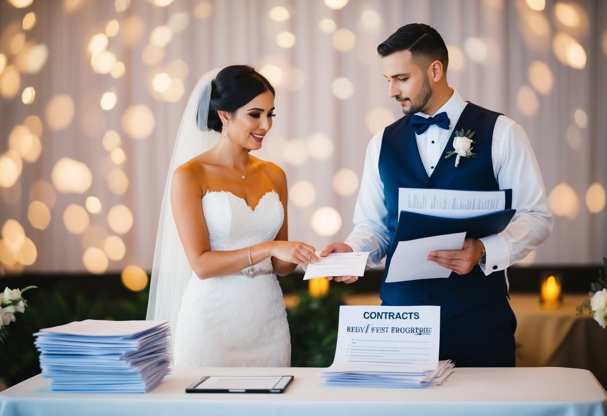 A bride and groom stand at a reception table, contemplating whether to tip the wedding staff. A stack of contracts and service fee documents sits nearby