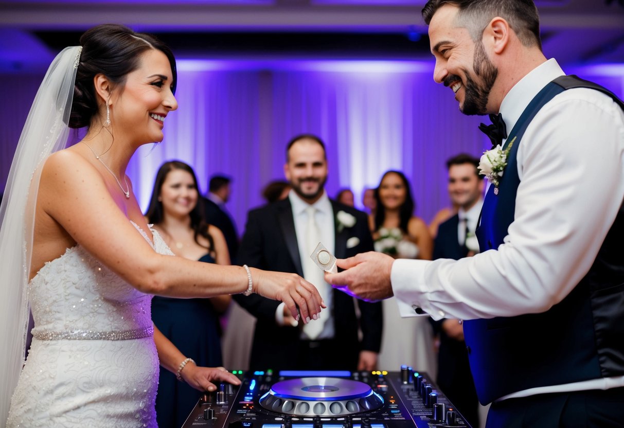 A wedding DJ receiving a tip from a couple at the end of the reception